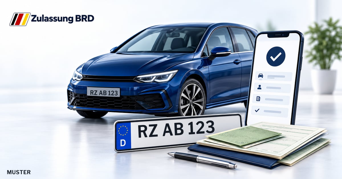 Online Fahrzeugzulassung in Schwarzenbek: Musterkennzeichen RZ AB 123, Auto und Fahrzeugpapiere und Smartphone. Illustration mit Logo von Zulassung BRD.